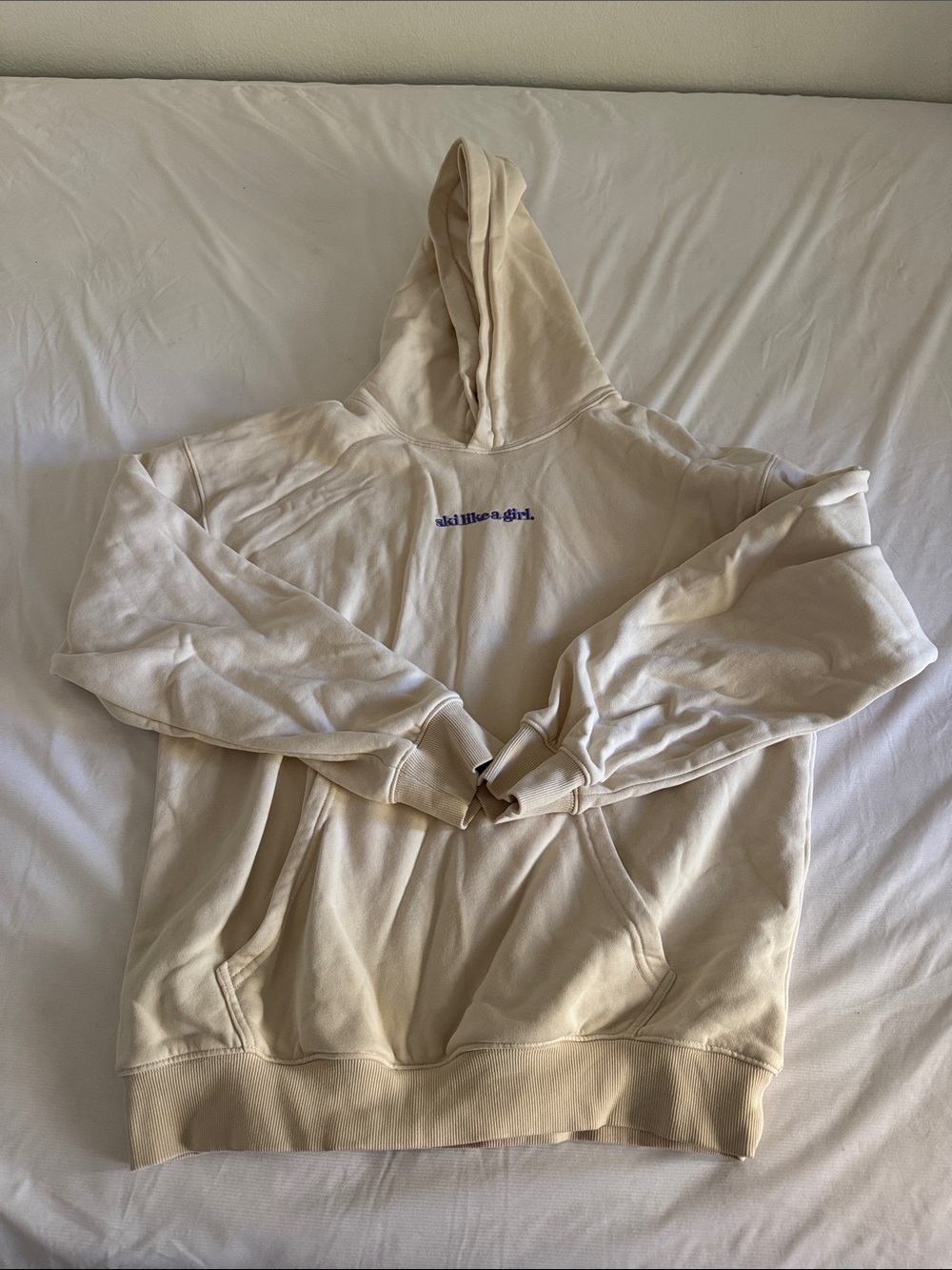 Ski Like a Girl Cream Hoodie Sweatshirt with Small Chest Embroidery